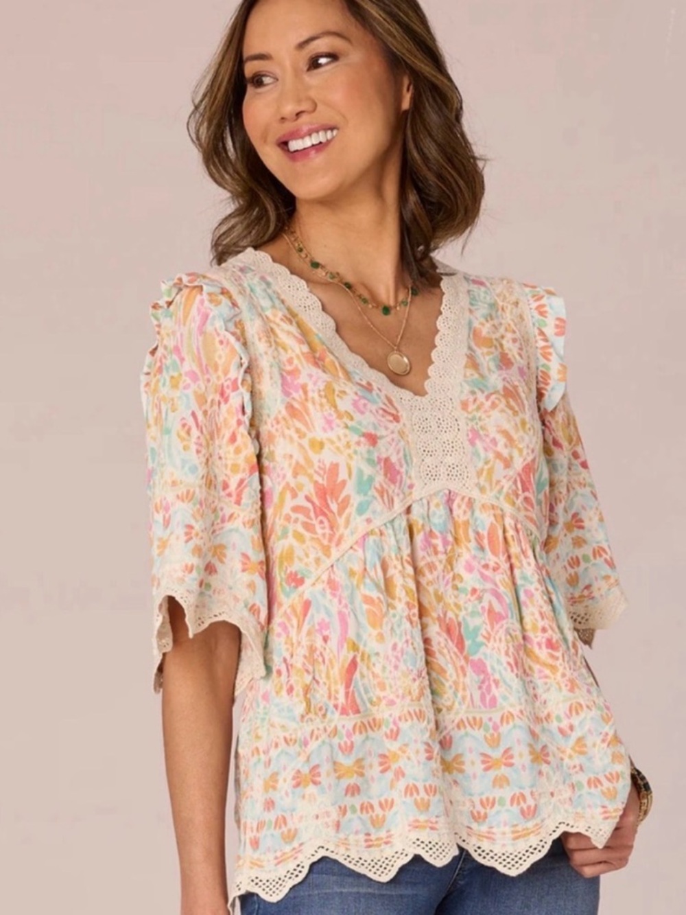Democracy Floral Crochet-Trim Peasant Blouse in Pastel Multi